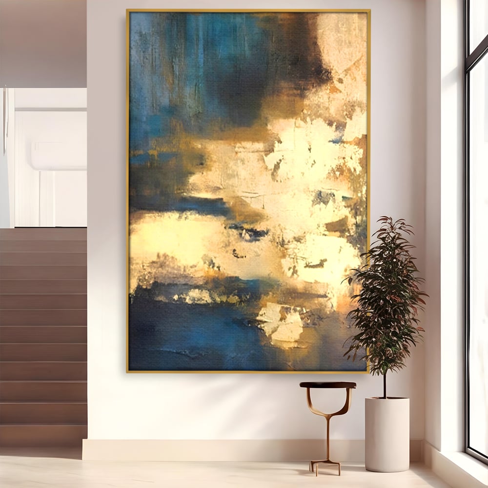 Tablou canvas cu pictura abstracta cu texturi aurii, in rama de aluminiu auriu